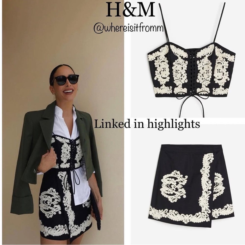 H&M Black Mini Skirt with Cream Embroidered Detail